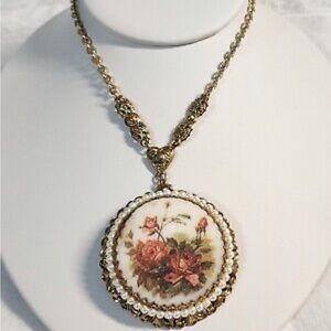Vintage Signed WEST GERMANY Ornate Round Pink Rose Faux Pearl Necklace 22"